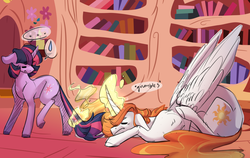 Size: 1900x1200 | Tagged: safe, artist:yuyusunshine, princess celestia, twilight sparkle, pony, unicorn, g4, ..., alternate universe, duo, eyes closed, female, floppy ears, glowing horn, golden oaks library, half r63 shipping, horn, looking back, magic, magic aura, male, mare, prince solaris, rule 63, ship:twilaris, ship:twilestia, shipping, stallion, story included, telekinesis, unicorn twilight