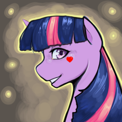 Size: 2000x2000 | Tagged: safe, artist:tipsie, derpibooru exclusive, twilight sparkle, firefly (insect), pony, unicorn, g4, female, heart, high res, mare, painting, profile, solo