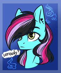 Size: 643x768 | Tagged: safe, artist:cloud-fly, oc, oc only, oc:fire note, pegasus, pony, bust, female, mare, portrait, solo, unamused