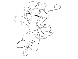 Size: 6400x4800 | Tagged: safe, artist:lurker, oc, oc only, unnamed oc, pony, unicorn, absurd resolution, eyes closed, grayscale, heart, male, monochrome, raised hoof, sitting, smiling, solo, stallion, trap, waving