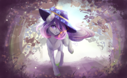 Size: 1800x1100 | Tagged: safe, artist:alina-sherl, oc, oc only, pony, gray coat, hat, looking at you, purple mane, smiling, solo, wizard hat