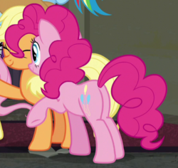 Size: 450x425 | Tagged: safe, screencap, applejack, pinkie pie, rainbow dash, g4, the saddle row review, butt, cropped, plot