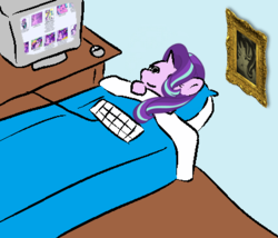 Size: 426x364 | Tagged: safe, starlight glimmer, pony, unicorn, g4, /mlp/, bed, boop, bust, computer, exploitable meme, female, glimmerposting, good night, keyboard, lying down, mare, meme, on back, portrait, self-boop, sleep tight, solo, that explains everything