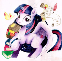 Size: 1600x1564 | Tagged: safe, artist:mashiromiku, twilight sparkle, alicorn, pony, g4, book, feather, female, jewelry, looking at you, mare, prone, raised hoof, regalia, scroll, solo, traditional art, twilight sparkle (alicorn)