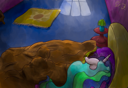 Size: 2019x1388 | Tagged: safe, artist:velvet frame, princess celestia, alicorn, pony, g4, bed, blanket, carpet, facing away, female, horn, indoors, lamp, mane, nightstand, pillow, room, sleeping, solo, window