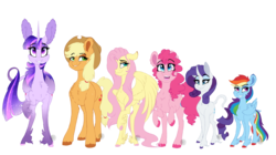 Size: 4167x2334 | Tagged: safe, artist:saphi-boo, applejack, fluttershy, pinkie pie, rainbow dash, rarity, twilight sparkle, alicorn, classical unicorn, pony, unicorn, g4, chest fluff, cloven hooves, curved horn, ear fluff, horn, impossibly large ears, leonine tail, line-up, mane six, simple background, smoldash, transparent background, twilight sparkle (alicorn), unshorn fetlocks