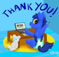 Size: 2000x1936 | Tagged: safe, artist:wittleskaj, oc, oc only, oc:skaj, pegasus, pony, baby, baby pony, colt, computer, deviantart, diaper, drawing tablet, foal, laptop computer, male, teddy bear, thank you