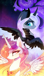 Size: 2364x4094 | Tagged: safe, artist:magnaluna, princess celestia, princess luna, alicorn, pony, g4, alicorns only, alternate design, bust, celestia is not amused, chest fluff, colored wings, curved horn, duo, duo female, female, galaxy mane, horn, looking back, luna is not amused, mare, missing accessory, sisters, space, spread wings, unamused, white-haired luna, wings