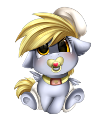 Size: 1774x2174 | Tagged: safe, artist:pridark, derpy hooves, pegasus, pony, g4, baby, baby pony, blushing, collar, commission, cute, derpabetes, female, hnnng, looking at you, pacifier, simple background, solo, transparent background, weapons-grade cute, younger
