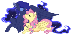 Size: 1024x505 | Tagged: safe, artist:azure-art-wave, fluttershy, princess luna, alicorn, pony, g4, eyes closed, female, lesbian, magical lesbian spawn, missing horn, nuzzling, pregnant, prone, ship:lunashy, shipping, simple background, smiling, transparent background