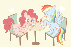 Size: 2250x1500 | Tagged: safe, artist:ryuu, pinkie pie, rainbow dash, earth pony, pegasus, pony, g4, :p, blushing, chair, cute, dashabetes, diapinkes, duo, duo female, eating, eyes closed, female, food, mare, pancakes, plate, simple background, sitting, spread wings, table, tongue out, wings