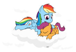 Size: 2170x1501 | Tagged: safe, artist:rapidstrike, rainbow dash, scootaloo, pegasus, pony, g4, cloud, cute, eyes closed, female, filly, folded wings, mare, on a cloud, prone, requested art, scootalove, signature, simple background, sleeping, sleeping on a cloud, smiling, the cmc's cutie marks, transparent background, wings