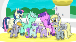 Size: 4244x2387 | Tagged: safe, artist:dinkyuniverse, amethyst star, bon bon, boysenberry, chirpy hooves, crackle pop, derpy hooves, dinky hooves, liza doolots, lyra heartstrings, petunia, sassaflash, sea swirl, seafoam, sparkler, sweetie drops, tootsie flute, earth pony, pegasus, pony, unicorn, g4, bread, canterlot, chest fluff, colt, equestria's best mother, family, female, filly, food, gathering, happy, high res, hug, male, toast, tower, unshorn fetlocks