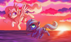 Size: 4000x2400 | Tagged: safe, artist:sacredroses-art, princess celestia, princess luna, alicorn, pony, g4, duo, female, filly, filly celestia, filly luna, flying, pink-mane celestia, royal sisters, s1 luna, sisters, smiling, woona, younger