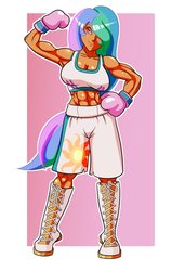 Size: 812x1280 | Tagged: safe, artist:ryujisama, princess celestia, human, g4, abs, armpits, biceps, boots, boxing, boxing gloves, breasts, busty princess celestia, clothes, commission, female, flexing, hair over one eye, humanized, midriff, muscles, muscular female, pink background, pose, princess musclestia, shoes, simple background, smiling, solo, sports, sports bra, trunks