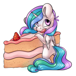 Size: 3531x3538 | Tagged: safe, artist:cutepencilcase, princess celestia, alicorn, pony, g4, cake, cakelestia, chibi, cute, cutelestia, faic, female, food, high res, looking back, mare, messy eating, micro, missing cutie mark, simple background, smiling, solo, tiny ponies, transparent background