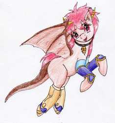 Size: 2001x2133 | Tagged: safe, artist:40kponyguy, derpibooru exclusive, dracony, hybrid, pony, boots, crossover, dragon half, ear fluff, flying, high res, jewelry, looking at you, mink (dragon half), necklace, ponified, shoes, simple background, solo, traditional art, white background