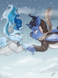 Size: 774x1032 | Tagged: safe, artist:mrscurlystyles, oc, oc only, oc:princess winter snow, oc:sonic boom, alicorn, pony, bedroom eyes, black hair, blue eyes, blue hair, blue skin, brown eyes, clothes, cloud, cute couple, earmuffs, falling, female, jacket, light blue hair, male, multicolored hair, scarf, skydiving, smiling, snow, white hair, winterboom