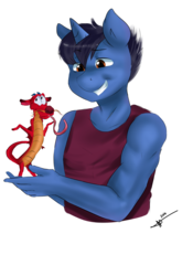 Size: 1024x1463 | Tagged: safe, artist:mrscurlystyles, oc, oc only, oc:sonic boom, alicorn, chinese dragon, dragon, eastern dragon, anthro, anthro oc, black hair, brown eyes, clothes, male, mulan, mushu, shrug, smiling, tank top, tongue out