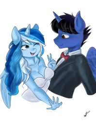 Size: 3400x4300 | Tagged: safe, artist:mrscurlystyles, oc, oc only, oc:princess winter snow, oc:sonic boom, alicorn, anthro, anthro oc, black hair, blue eyes, blue hair, bowtie, breasts, brown eyes, cleavage, clothes, cute couple, dress, female, light blue hair, male, multicolored hair, one eye closed, peace sign, tuxedo, white dress, white hair, wink, winterboom