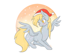 Size: 1024x755 | Tagged: dead source, safe, artist:eternalsubscriber, derpy hooves, pony, g4, blushing, christmas, female, hat, holiday, santa hat, smiling, snow, solo, spread wings, wings