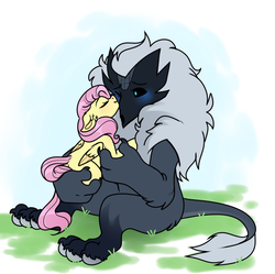 Size: 1024x1021 | Tagged: dead source, safe, artist:slushshe, fluttershy, pegasus, pony, storm creature, g4, my little pony: the movie, blushing, female, floppy ears, fur, grass, grass field, holding a pony, hug, hugging a pony, kissing, male, shipping, sitting, storm guard, stormguardshy, straight