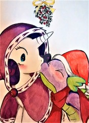 Size: 1024x1416 | Tagged: safe, artist:tsugiriuzumaki, rarity, spike, dragon, g4, christmas, female, holiday, holly, holly mistaken for mistletoe, male, mistleholly, ship:sparity, shipping, straight, watermark