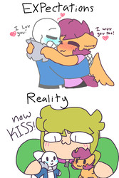 Size: 1600x2400 | Tagged: safe, artist:synnibear03, scootaloo, oc, oc:ponytale scootaloo, human, anthro, comic:ponytale, g4, crack shipping, crossover, crossover shipping, expectation vs reality, female, male, now kiss, sans (undertale), scootasans, shipper on deck, shipping, straight, undertale