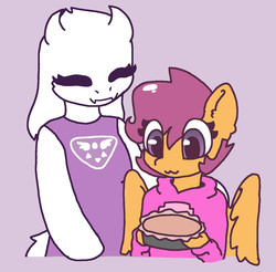 Size: 1412x1388 | Tagged: safe, artist:synnibear03, scootaloo, oc, oc:ponytale scootaloo, anthro, comic:ponytale, g4, duo, food, pie, toriel, undertale