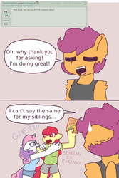 Size: 2124x3188 | Tagged: safe, artist:synnibear03, apple bloom, scootaloo, sweetie belle, oc, oc:ponytale apple bloom, oc:ponytale scootaloo, oc:ponytale sweetie belle, anthro, comic:ponytale, g4, cutie mark crusaders, female, fight, high res, sisters