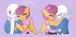 Size: 2068x1020 | Tagged: safe, artist:synnibear03, scootaloo, oc, oc:ponytale scootaloo, anthro, comic:ponytale, g4, crossover, crossover shipping, female, male, sans (undertale), scootasans, shipping, straight, undertale