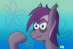 Size: 1280x853 | Tagged: safe, artist:b-cacto, oc, oc only, oc:violet rose, pony, angry, bloodshot eyes, does this look unsure to you?, grumpy, just one bite, male, solo, spongebob squarepants, squidward tentacles, unsure