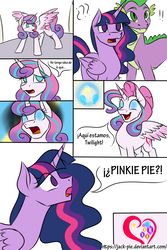 Size: 1200x1800 | Tagged: safe, artist:jack-pie, pinkie pie, princess flurry heart, spike, twilight sparkle, alicorn, dragon, pony, comic:what good is a crown for me?, g4, comic, spanish, translated in the comments, twilight sparkle (alicorn)