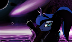 Size: 1988x1172 | Tagged: safe, artist:vinaramic, princess luna, alicorn, pony, g4, dead space, female, gun, looking at you, mare, marker (dead space), solo, weapon