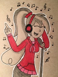Size: 1280x1707 | Tagged: safe, artist:b-cacto, oc, oc only, oc:cupcake slash, human, equestria girls, g4, clothes, equestria girls-ified, headphones, hoodie, microphone, music notes, ponytail, singing, solo, traditional art