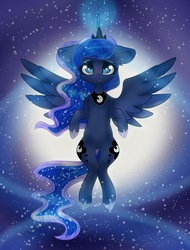 Size: 1076x1413 | Tagged: safe, artist:candycrusher3000, princess luna, alicorn, pony, g4, cute, female, floppy ears, glowing horn, horn, jewelry, looking up, lunabetes, mare, night, open mouth, regalia, solo, space, spread wings, stars, wings