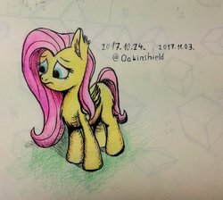 Size: 1600x1432 | Tagged: safe, artist:shaliwolf, fluttershy, pegasus, pony, g4, ear fluff, female, folded wings, looking away, looking down, missing cutie mark, sad, solo, standing, traditional art, wings