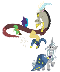 Size: 2680x3200 | Tagged: safe, artist:smallbluetiger, discord, star swirl the bearded, pony, g4, duo, hat, high res, male, raised hoof, simple background, stallion, transparent background, unshorn fetlocks, wizard hat