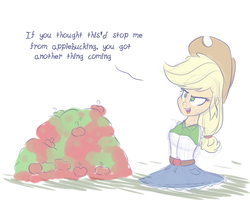 Size: 1500x1200 | Tagged: safe, artist:heir-of-rick, applejack, equestria girls, g4, amputee, apple, armless, clothes, colored sketch, female, food, hat, how, impossible, legless, missing limb, quadruple amputee, skirt, solo, speech, wat