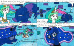 Size: 3285x2037 | Tagged: safe, artist:eternaljonathan, princess celestia, princess luna, oc, oc:nemo, alicorn, pony, comic:a new twist, g4, butt, comic, dream, guardian, high res, jewelry, plot, royal sisters, traditional art