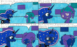 Size: 3279x2035 | Tagged: safe, artist:eternaljonathan, princess luna, oc, oc:nemo, alicorn, pony, comic:a new twist, g4, comic, crying, dream, guardian, high res, jewelry, teary eyes, traditional art