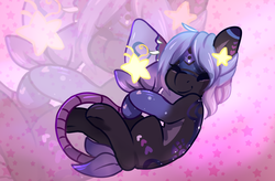 Size: 1024x671 | Tagged: safe, artist:pomrawr, oc, oc only, monster pony, original species, plant pony, pony, eyes closed, female, hug, mare, pillow, plant, sleeping, smiling, solo, stars, ych result, zoom layer