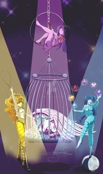 Size: 1600x2684 | Tagged: safe, artist:jenndylyon, adagio dazzle, aria blaze, princess celestia, sonata dusk, alicorn, pony, equestria girls, g4, armpits, balancing, ball, boots, breasts, cage, cleavage, element of generosity, element of honesty, element of kindness, element of laughter, element of loyalty, element of magic, elements of harmony, female, floppy ears, glowing eyes, grin, hidden eyes, high heels, imprisonment, juggling, mare, messy mane, midriff, open mouth, prone, sadlestia, sailor moon (series), shoes, smiling, smirk, spotlight, spread wings, the dazzlings, underhoof, watermark, whip, wing fluff, wings