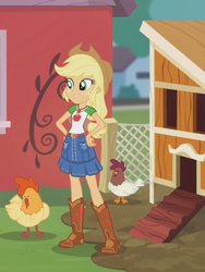 Size: 1536x2048 | Tagged: safe, screencap, applejack, chicken, equestria girls, fluttershy's butterflies, fluttershy's butterflies: applejack, g4, my little pony equestria girls: better together, belt, boots, chicken coop, cowboy boots, cowboy hat, freckles, geode of super strength, hand on hip, hat, shoes
