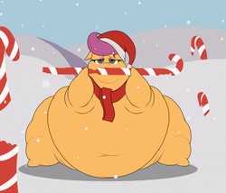 Size: 1280x1094 | Tagged: safe, artist:astr0zone, scootaloo, pegasus, pony, g4, bingo wings, blob, candy, candy cane, christmas, clothes, eating, fat, female, food, hat, holiday, morbidly obese, near immobile, nom, obese, santa hat, scarf, scootalard, snow, solo, wide hips, wide load