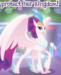 Size: 314x386 | Tagged: safe, gameloft, queen novo, classical hippogriff, hippogriff, g4, my little pony: the movie, bronybait, female, meme, propaganda, protecting, solo, wow! glimmer