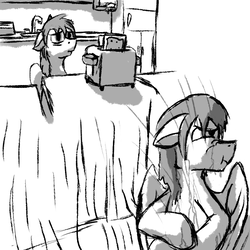 Size: 600x600 | Tagged: safe, artist:thebathwaterhero, oc, oc only, pegasus, pony, cyoa:semantic error, cyberpunk, cyoa, kitchen, male, story included, toaster