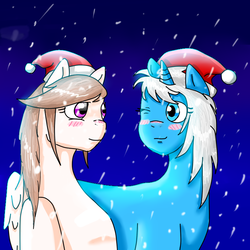 Size: 800x800 | Tagged: safe, artist:zorreta, oc, oc only, oc:icy wave, oc:zorreta, pegasus, pony, unicorn, blushing, christmas, female, happy, hat, holiday, mare, night, one eye closed, santa hat, smiling, snow, snowfall, wink