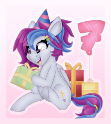 Size: 2543x2845 | Tagged: safe, artist:partypievt, oc, oc only, oc:aerial soundwaves, pegasus, pony, balloon, birthday, cute, diabetes, hat, heart eyes, high res, hnnng, open mouth, party hat, ponyvillefm, present, ribbon, simple background, smiling, solo, tongue out, wingding eyes