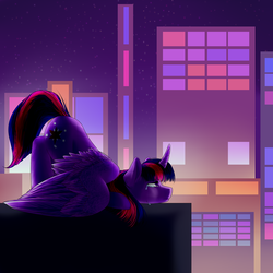 Size: 2000x2000 | Tagged: safe, artist:evakulisreal, twilight sparkle, alicorn, pony, g4, city, crying, female, high res, night, sad, solo, twilight sparkle (alicorn)